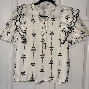 Frame Denim Cream and Black Bow-Print Tie Neck Blouse